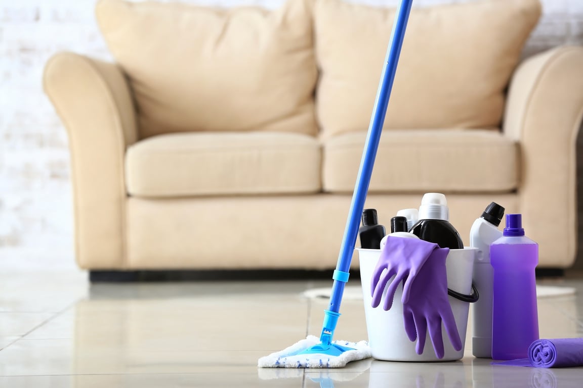 Set of Cleaning Supplies on Floor in the Living Room